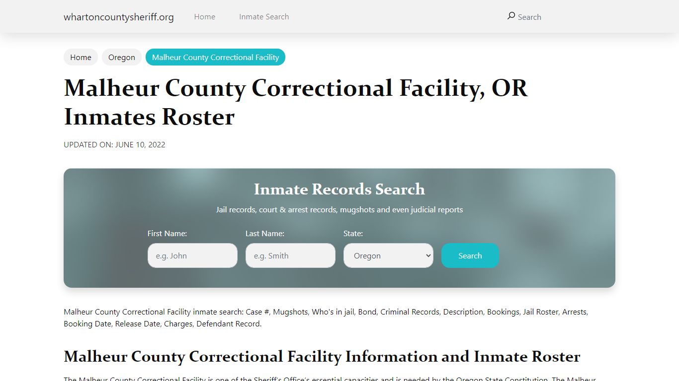 Malheur County Correctional Facility, OR Jail Roster, Name ...